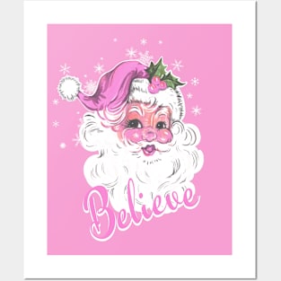 Pink Retro Santa Claus Believe Christmas Posters and Art